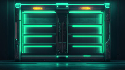 Obraz premium Futuristic sci-fi door with glowing neon lights and industrial design Illuminated sci-fi door with vibrant neon lights, futuristic technology, and industrial aesthetics