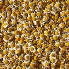 Chamomile flower texture background, dry Matricaria chamomilla flowers pattern, blooming white head