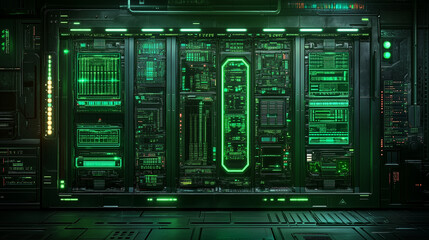 High-tech server room with neon green lights, futuristic data processing unit, technology concept