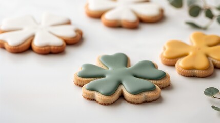 Shamrock-shaped cookies in pastel colors for St. Patrick's Day