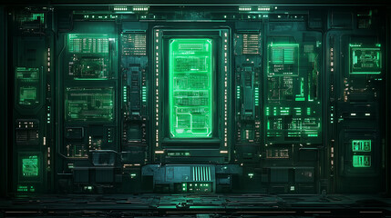 Fototapeta premium High-tech server room with neon green lights and futuristic panels, conveying a sci-fi technology concept