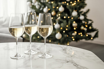 Close up of three glasses of sparkling wine served on a marble table in front of a Christmas tree