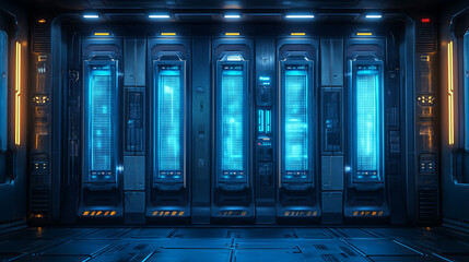 Fototapeta premium Futuristic server room with glowing blue lights and advanced technology panels, symmetrical and sleek design