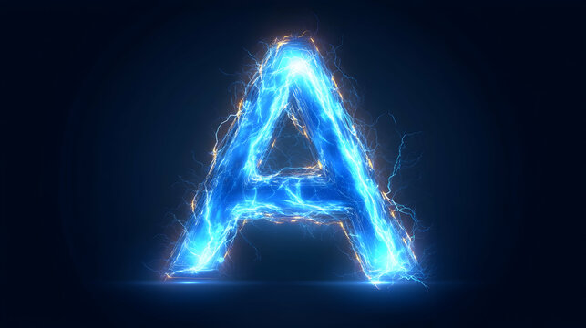 A glowing blue electric letter A on a dark background.