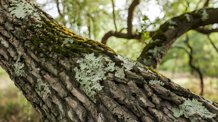 Fototapeta premium Close-up of a textured tree bark covered in vibrant green moss and intricate lichen, set against a blurred natural background, capturing the beauty of forest ecosystems.