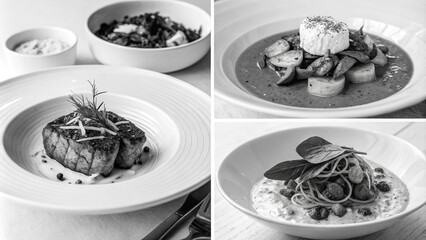 Gourmet Food Platter with Fish, Soup and Pasta