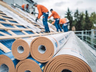 Close-up of roof insulation rolls, with a team of blurry workers preparing to install in the background.