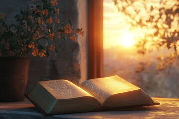 Open Bible with a sunrise in the background