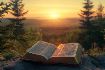 Open Bible with a sunrise in the background