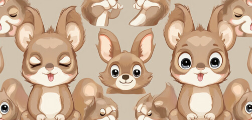  Cartoon-style deer with autumn leaves and acorns on a seamless beige pattern