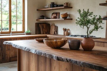 Wooden Kitchen Island with Rustic Elements and Live Edge Countertop