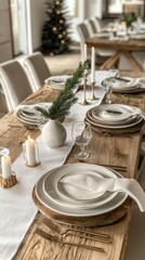 Fototapeta premium Neutral Holiday Tablescape Simple Elegant Place Settings Minimalist