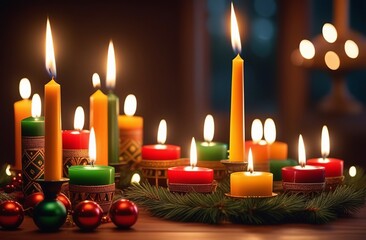 Kwanzaa Holiday celebration. Red, green, yellow candles. December Traditional African Festival. African heritage. Blurred background. African Americans remember, respect their roots