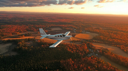 A small plane flying over colorful autumn landscapes at sunset