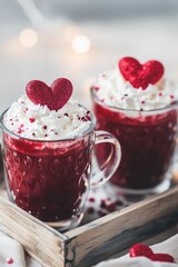 two red heart themed hot drinks with whipped cream, served in glass mugs on a tray