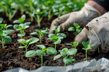 Hands planted seedlings in peat cup, young plant growing, nursery bag, sprout in fertile soil top view