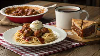 Delicious Homemade Meal with Spaghetti, Meatballs, Ice Cream, Pie and Coffee