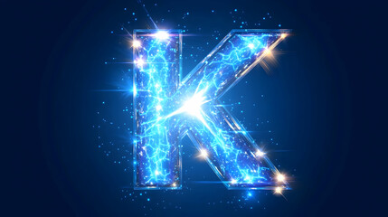 A glowing blue letter K made of electric energy.