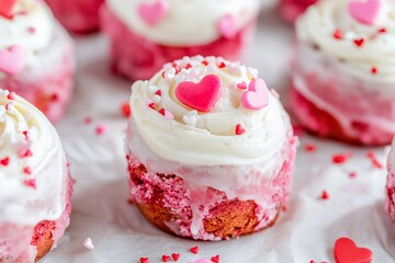 red velvet cinnamon rolls with white icing and heart-shaped sprinkles on parchment paper for Valentines