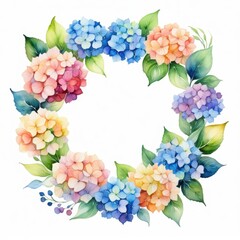 Vibrant watercolor hydrangea wreath, soft and delicate, empty central area, white background