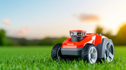 Obraz premium The autonomous robotic lawnmower cuts the grass at sunset in the garden