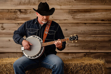 banjo player performing on rustic wooden stage