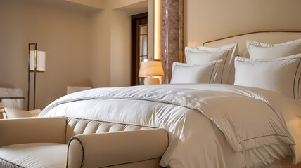 Luxurious bedroom featuring a plush white duvet, elegant pillows, and a stylish chair, creating a serene and inviting atmosphere for relaxation and comfort.
