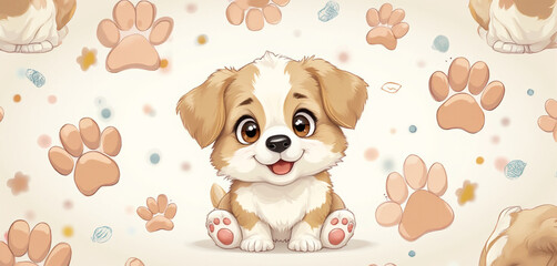  Cartoon-style puppy surrounded by paw prints and hearts on a cream background