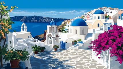 Fototapeta premium Illustration Vectorielle de Santorin avec Architecture Grecque Iconique