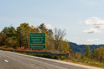 road sign on Interstate 89 south in Vermont ways Welcome to Montpelier Capital of Vermont and Bienvenue which is welcome in French