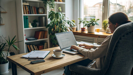 Young Woman Working on Laptop at Home Office Desk