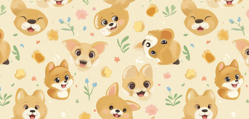 Obraz premium Seamless pattern of cartoon Chihuahuas with hearts on a pastel background