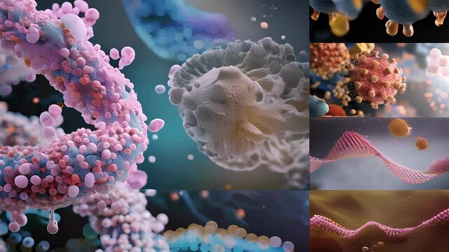 A collage of images displaying the different components involved in rie assembly including RNA proteins and other essential factors.