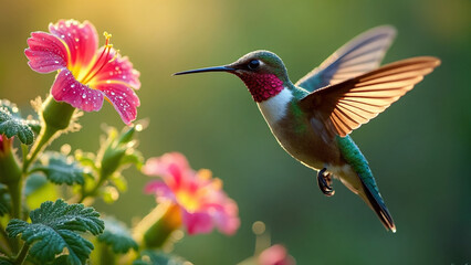 Fototapeta premium Close-up of a hummingbird hovering near a vibrant tropical flower, illuminated by warm sunlight. Perfect for use in wildlife guides, nature blogs and eco-friendly advertisements.