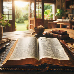 An opened bible with heaven background