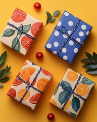Colorful gift boxes with unique patterns on a yellow background for a festive celebration