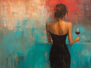 Oil painting of a woman in a black dress holding a wine glass, viewed from behind. The painting features turquoise and red colors, creating an elegant and sophisticated composition.