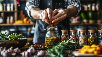 Chef Seasoning Jar with Spices and Fresh Herbs