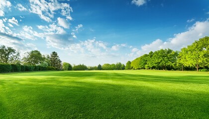 Obraz premium beautiful blurred background image of spring nature with a neatly trimmed lawn surrounded by trees against a blue sky with clouds on a bright sunny day copy space generative ai