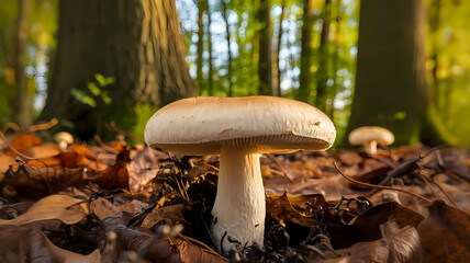 Close-up of a white mushroom growing on the forest floor, surrounded by autumn leaves, with sunlit trees in the background, showcasing the beauty of nature and fungi.