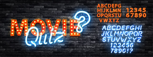 Vector neon sign of Movie Quiz with alphabet font isolated on the wall background.