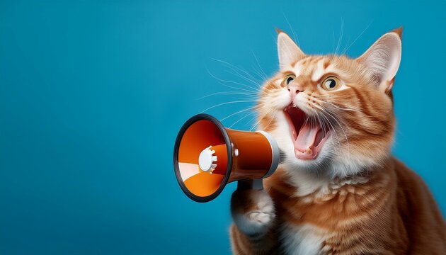 portrait d un chat roux drole et amusant tenant un megaphone et criant sur un fond bleu image avec espace pour texte