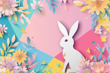 Obraz premium Easter Paper Card with Bunny, Rabbit Shape Frame, Spring Flowers on Colorful Geometric Background