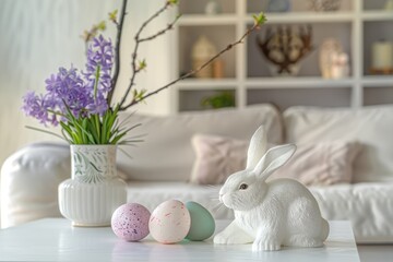 Cozy Easter Living Room Interior with Table, Easter Eggs, Easter Bunny, Spring Flowers, Still Life