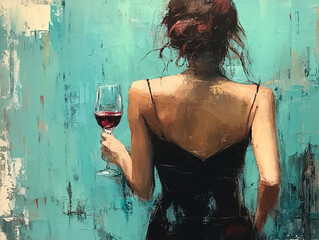 Oil painting of a woman in a black dress holding a wine glass, viewed from behind. The painting features turquoise and red colors, creating an elegant and sophisticated composition.