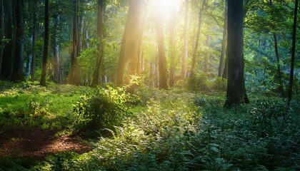 Obraz premium a magical forest scene illuminated by sparkling light creating a serene atmosphere with glowing particles and vibrant nature