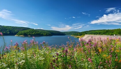 see der wahnbachtalsperre in siegburg bonn mit wilden blumen im vordergrund und blauem himmel