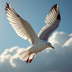 Obraz premium Seagull soars in blue sky with white clouds. Bird has white feathers with black markings on wing tips. Red legs and beak. Wildlife, nature, freedom, animal.