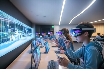 A high-tech classroom of the future, with students using augmented reality glasses. School.