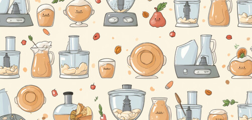 Cartoon-style kitchen utensils and ingredients in a seamless pastel-themed design